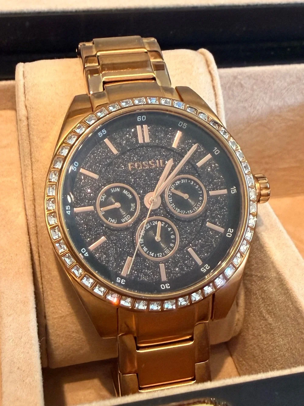Fossil Rose Gold Crystal-Accent Women's Watch with Black Glitter Dial